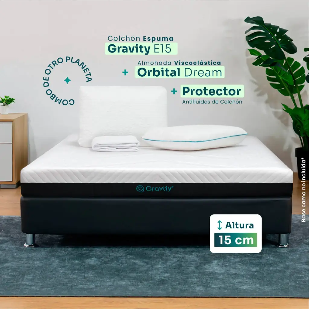 Combo Colchón Gravity E15 + Almohadas Orbital Dream + Protector de colchón