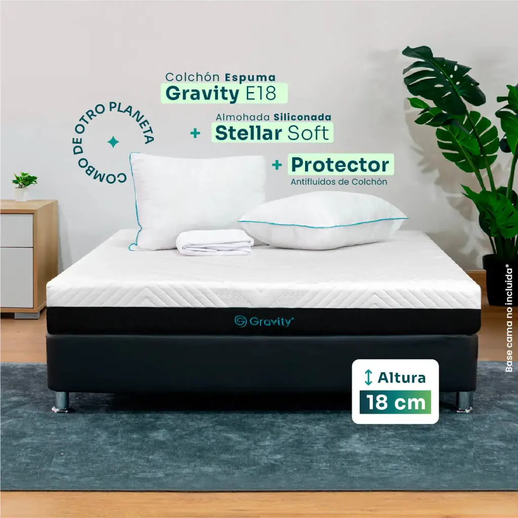 Combo Colchón Gravity E18 + Almohadas Stellar Soft + Protector de colchón