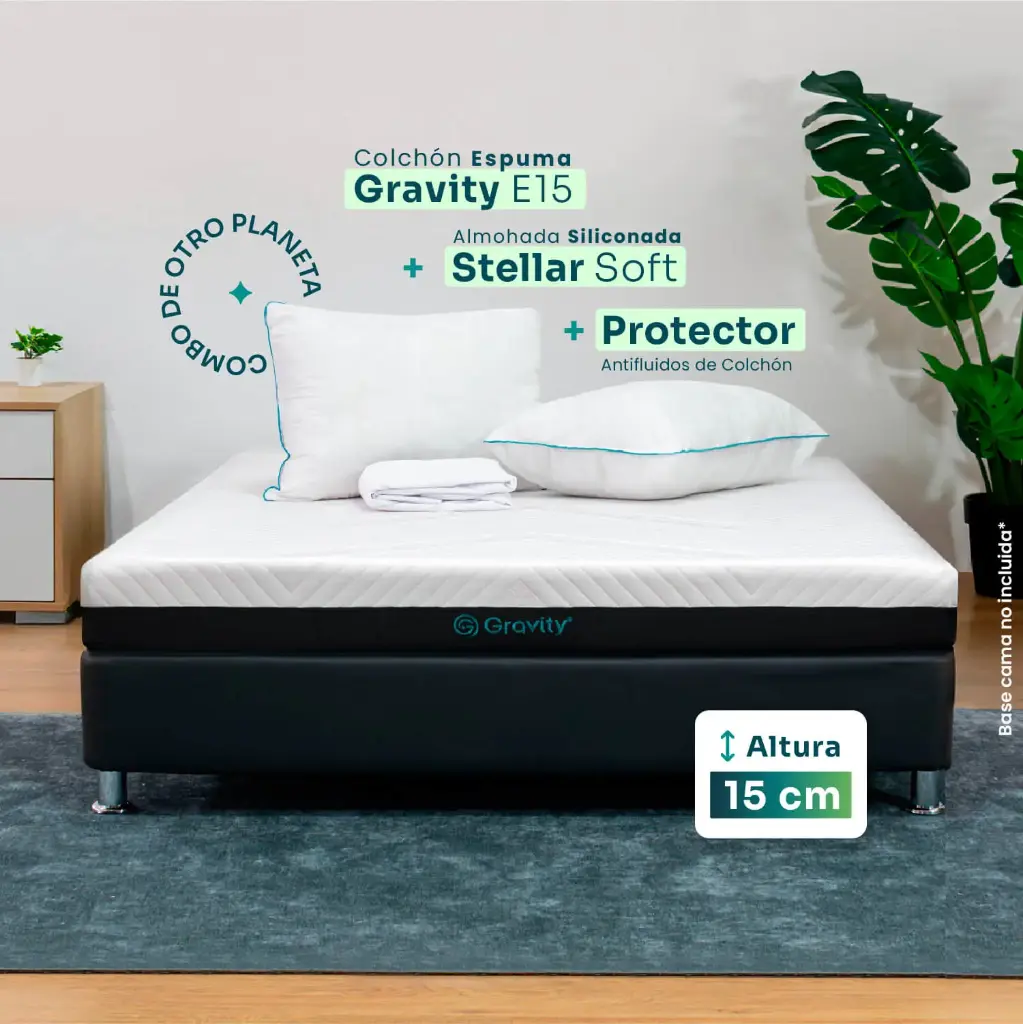 Combo Colchón Gravity E15 + Almohadas Stellar Soft + Protector de colchón
