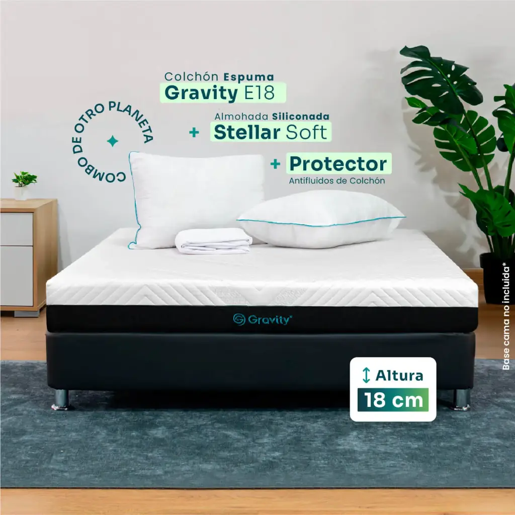 Combo Gravity E18: colchón de espuma +2 almohadas Stellar Soft + Protector de colchón