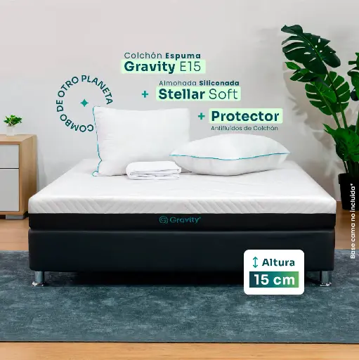 Combo Colchón Gravity E15 + Almohadas Stellar Soft + Protector de colchón