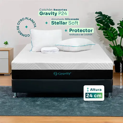 Combo Colchón Gravity P24 + Almohadas Stellar Soft + Protector de colchón